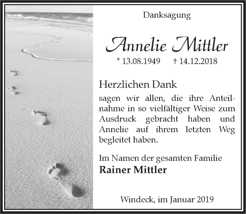  Traueranzeige für Annelie Mittler vom 23.01.2019 aus  Lokalanzeiger 