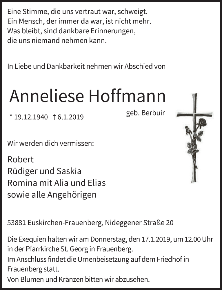  Traueranzeige für Anneliese Hoffmann vom 12.01.2019 aus  Blickpunkt Euskirchen 