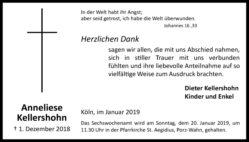  Traueranzeige für Anneliese Kellershohn vom 09.01.2019 aus  Kölner Wochenspiegel 