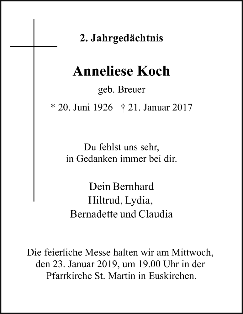  Traueranzeige für Anneliese Koch vom 19.01.2019 aus Kölner Stadt-Anzeiger / Kölnische Rundschau / Express