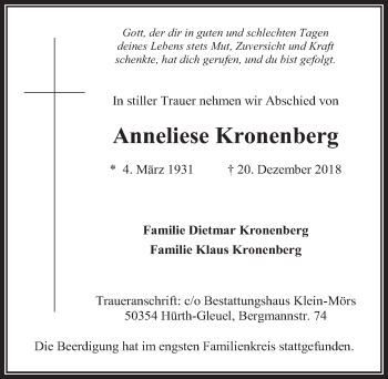 Anzeige von Anneliese Kronenberg von  Wochenende 