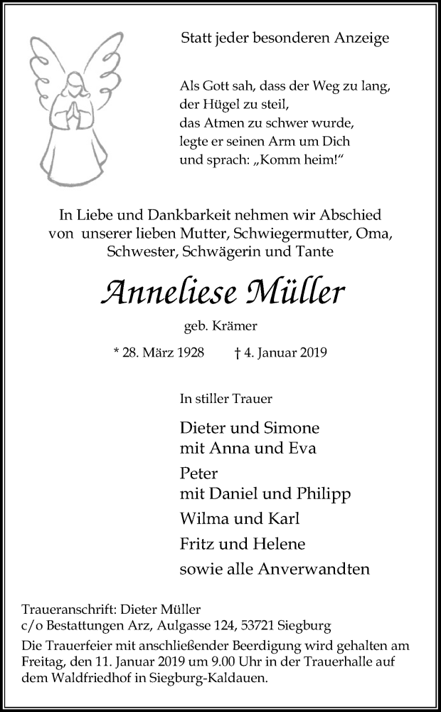  Traueranzeige für Anneliese Müller vom 09.01.2019 aus Kölner Stadt-Anzeiger / Kölnische Rundschau / Express