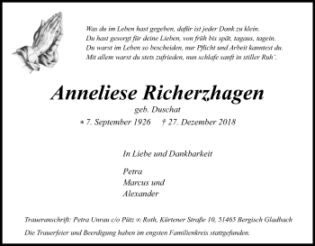 Anzeige von Anneliese Richerzhagen von Kölner Stadt-Anzeiger / Kölnische Rundschau / Express