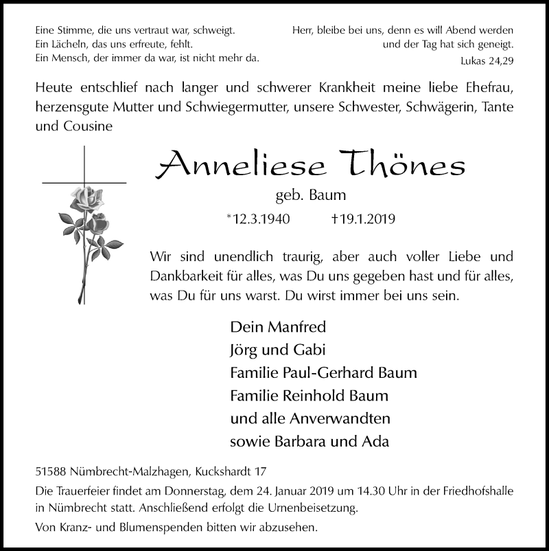  Traueranzeige für Anneliese Thönes vom 23.01.2019 aus  Lokalanzeiger 