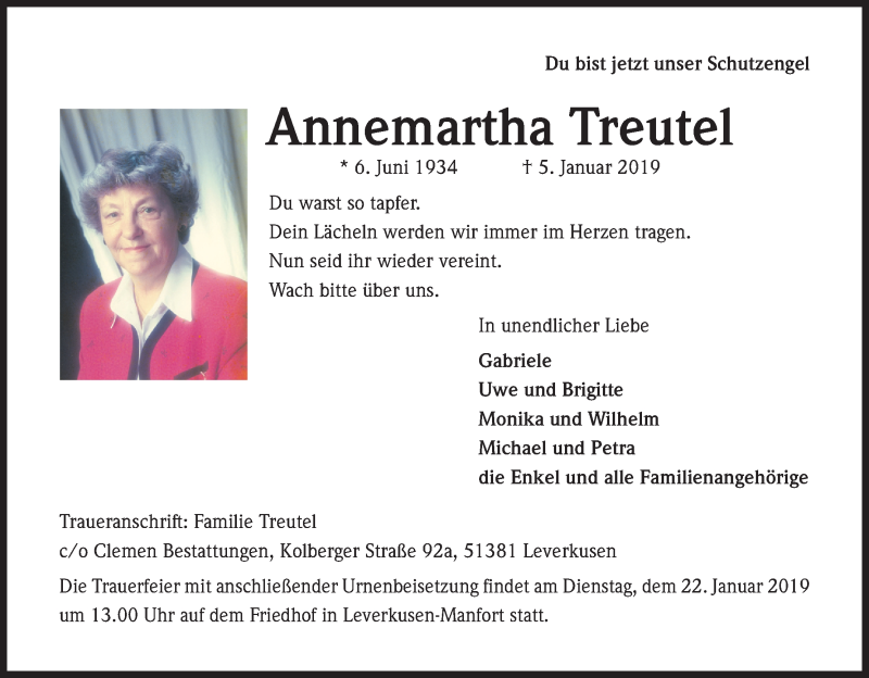  Traueranzeige für Annemartha Treutel vom 12.01.2019 aus Kölner Stadt-Anzeiger / Kölnische Rundschau / Express