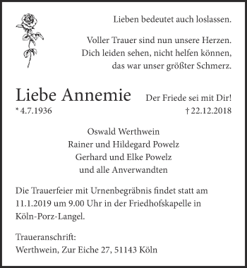 Anzeige von Annemie  von  Kölner Wochenspiegel 