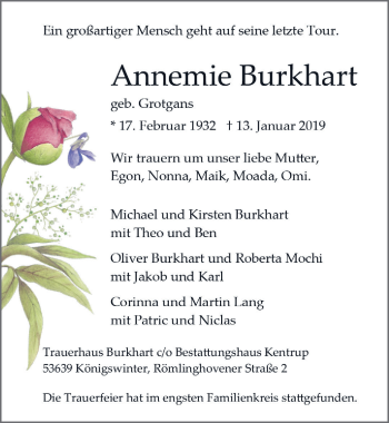 Anzeige von Annemie Burkhart von  Rhein-Sieg-Wochenende 