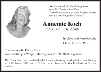 Anzeige von Annemie Koch von  Werbepost 