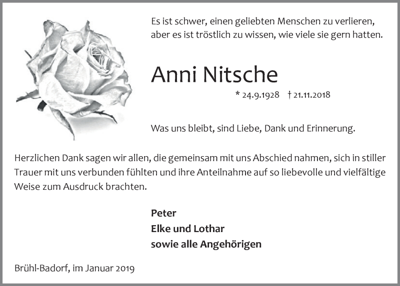  Traueranzeige für Anni Nitsche vom 23.01.2019 aus  Schlossbote/Werbekurier 