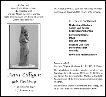 Anzeige von Anni Zilligen von Kölner Stadt-Anzeiger / Kölnische Rundschau / Express