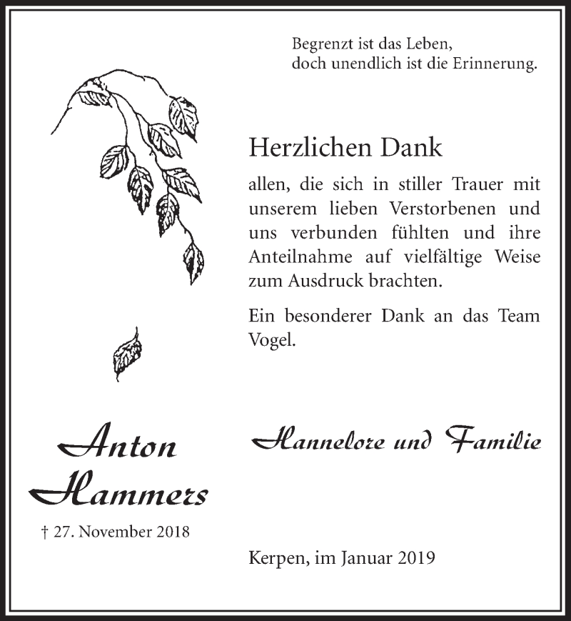  Traueranzeige für Anton Hammers vom 26.01.2019 aus  Sonntags-Post 