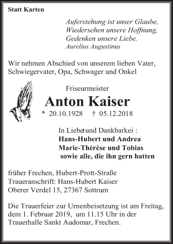 Anzeige von Anton Kaiser von  Wochenende 