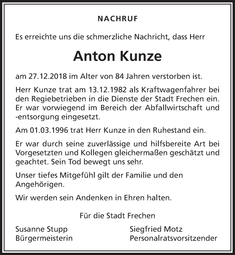  Traueranzeige für Anton Kunze vom 05.01.2019 aus  Sonntags-Post 