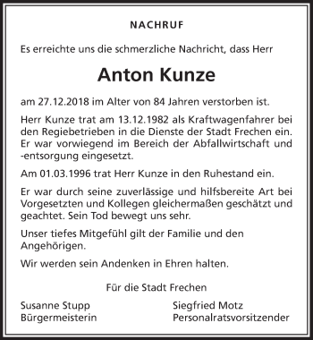 Anzeige von Anton Kunze von  Sonntags-Post 