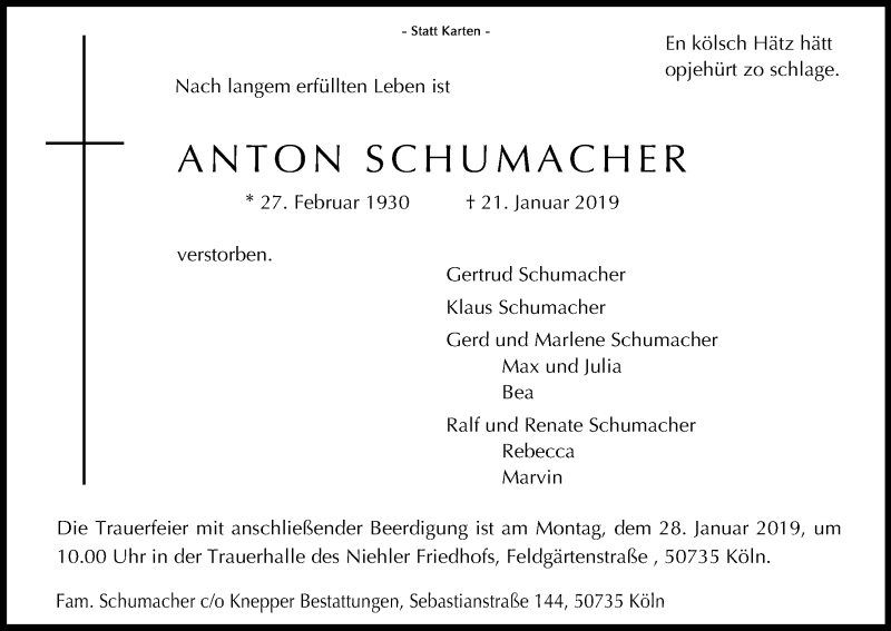  Traueranzeige für Anton Schumacher vom 26.01.2019 aus Kölner Stadt-Anzeiger / Kölnische Rundschau / Express