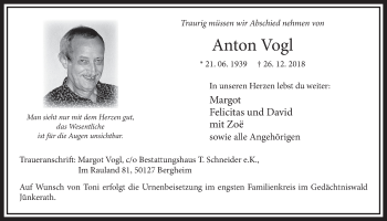 Anzeige von Anton Vogl von  Sonntags-Post 