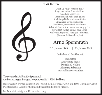 Anzeige von Arno Spennrath von  Werbepost 