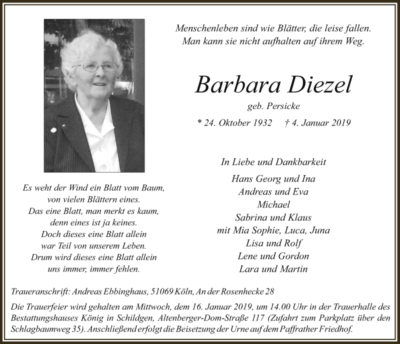  Traueranzeige für Barbara Diezel vom 09.01.2019 aus  Bergisches Handelsblatt 