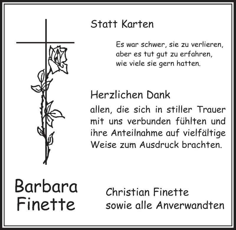  Traueranzeige für Barbara Finette vom 23.01.2019 aus  Schlossbote/Werbekurier 