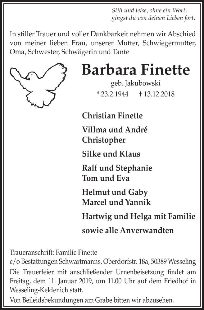  Traueranzeige für Barbara Finette vom 09.01.2019 aus  Schlossbote/Werbekurier 