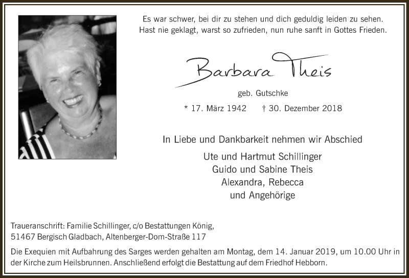  Traueranzeige für Barbara Theis vom 09.01.2019 aus  Bergisches Handelsblatt 
