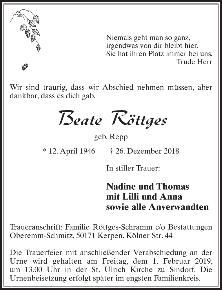  Traueranzeige für Beate Röttges vom 26.01.2019 aus  Sonntags-Post 
