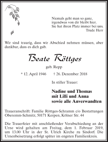 Anzeige von Beate Röttges von  Sonntags-Post 
