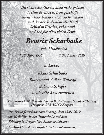 Anzeige von Beatrix Scharbatke von  Sonntags-Post 