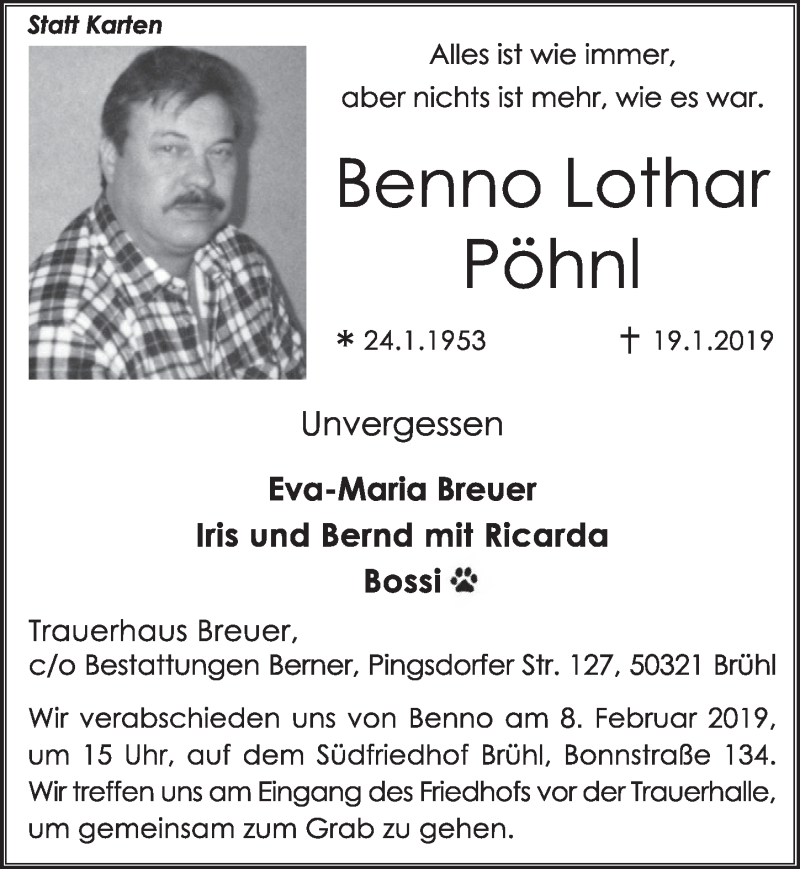  Traueranzeige für Benno Lothar Pöhnl vom 30.01.2019 aus  Schlossbote/Werbekurier 