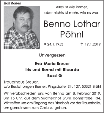 Anzeige von Benno Lothar Pöhnl von  Schlossbote/Werbekurier 