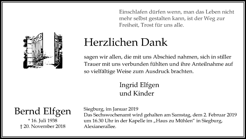  Traueranzeige für Bernd Elfgen vom 26.01.2019 aus Kölner Stadt-Anzeiger / Kölnische Rundschau / Express