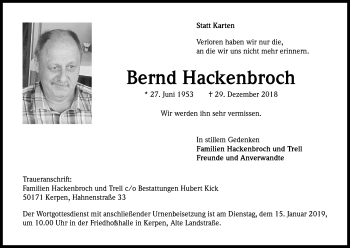 Anzeige von Bernd Hackenbroch von Kölner Stadt-Anzeiger / Kölnische Rundschau / Express