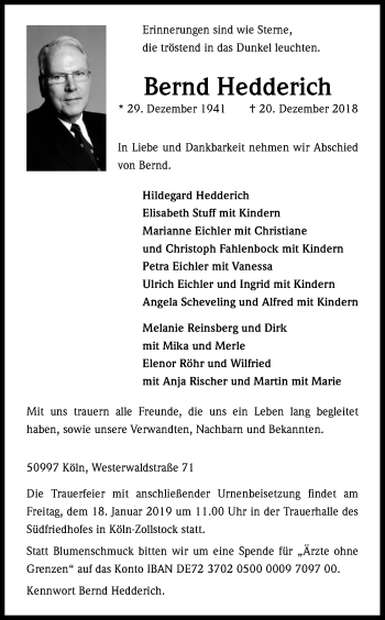 Anzeige von Bernd Hedderich von Kölner Stadt-Anzeiger / Kölnische Rundschau / Express