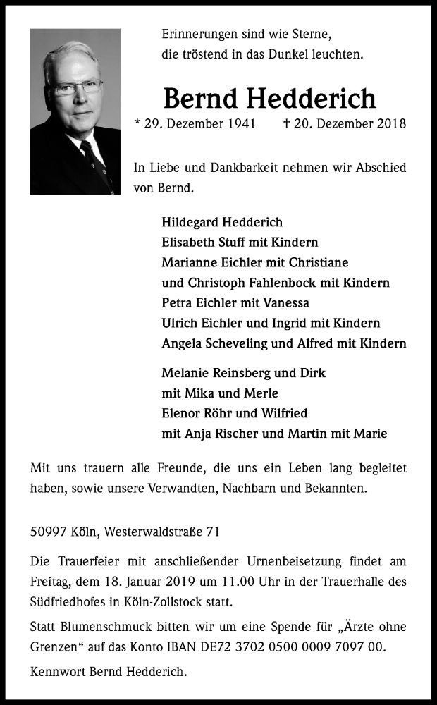  Traueranzeige für Bernd Hedderich vom 12.01.2019 aus Kölner Stadt-Anzeiger / Kölnische Rundschau / Express