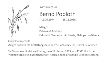 Anzeige von Bernd Pobloth von  Schlossbote/Werbekurier 