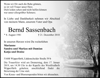 Anzeige von Bernd Sassenbach von Kölner Stadt-Anzeiger / Kölnische Rundschau / Express