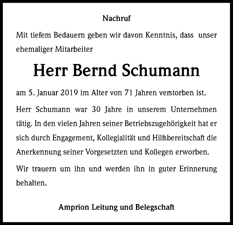  Traueranzeige für Bernd Schumann vom 23.01.2019 aus Kölner Stadt-Anzeiger / Kölnische Rundschau / Express