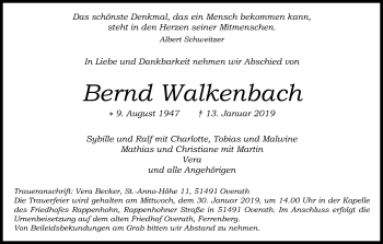 Anzeige von Bernd Walkenbach von Kölner Stadt-Anzeiger / Kölnische Rundschau / Express