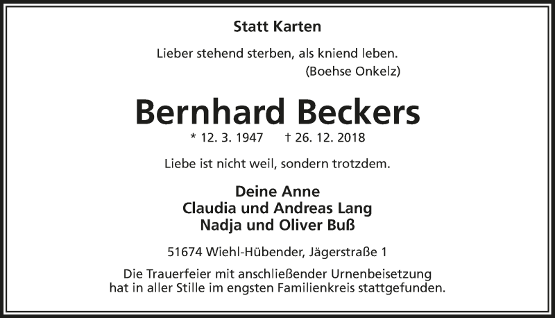 Traueranzeige für Bernhard Beckers vom 09.01.2019 aus  Anzeigen Echo 