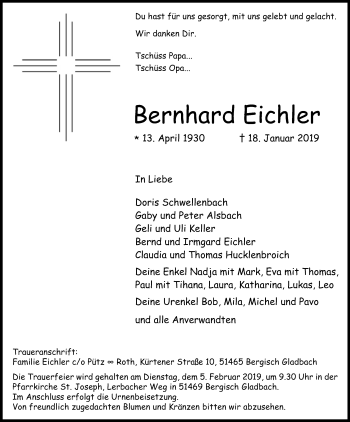 Anzeige von Bernhard Eichler von Kölner Stadt-Anzeiger / Kölnische Rundschau / Express