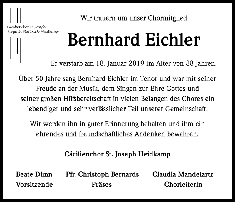  Traueranzeige für Bernhard Eichler vom 26.01.2019 aus Kölner Stadt-Anzeiger / Kölnische Rundschau / Express
