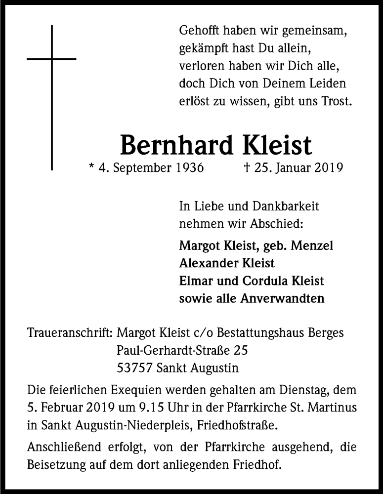  Traueranzeige für Bernhard Kleist vom 30.01.2019 aus Kölner Stadt-Anzeiger / Kölnische Rundschau / Express