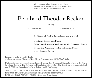 Anzeige von Bernhard Theodor Recker von Kölner Stadt-Anzeiger / Kölnische Rundschau / Express