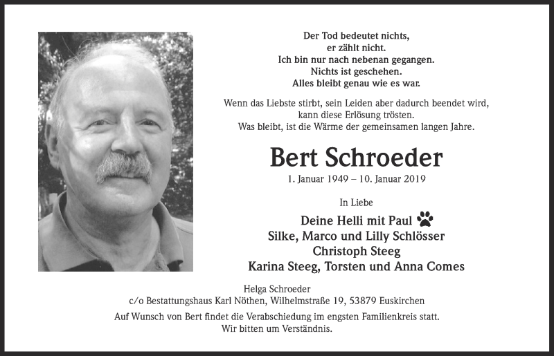  Traueranzeige für Bert Schroeder vom 19.01.2019 aus  Blickpunkt Euskirchen 
