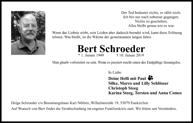  Traueranzeige für Bert Schroeder vom 19.01.2019 aus Kölner Stadt-Anzeiger / Kölnische Rundschau / Express