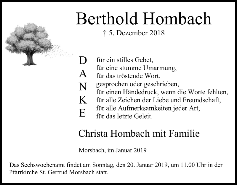  Traueranzeige für Berthold Hombach vom 16.01.2019 aus Kölner Stadt-Anzeiger / Kölnische Rundschau / Express