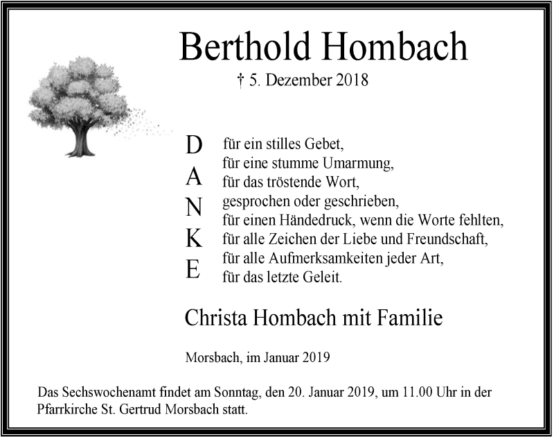  Traueranzeige für Berthold Hombach vom 16.01.2019 aus  Lokalanzeiger 