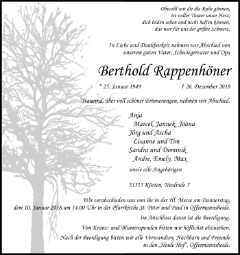 Anzeige von Berthold Rappenhöner von Kölner Stadt-Anzeiger / Kölnische Rundschau / Express