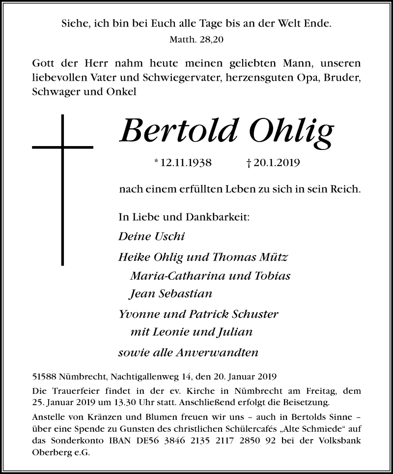  Traueranzeige für Bertold Ohlig vom 22.01.2019 aus Kölner Stadt-Anzeiger / Kölnische Rundschau / Express