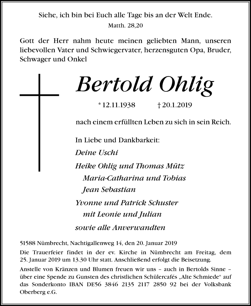  Traueranzeige für Bertold Ohlig vom 23.01.2019 aus  Lokalanzeiger 